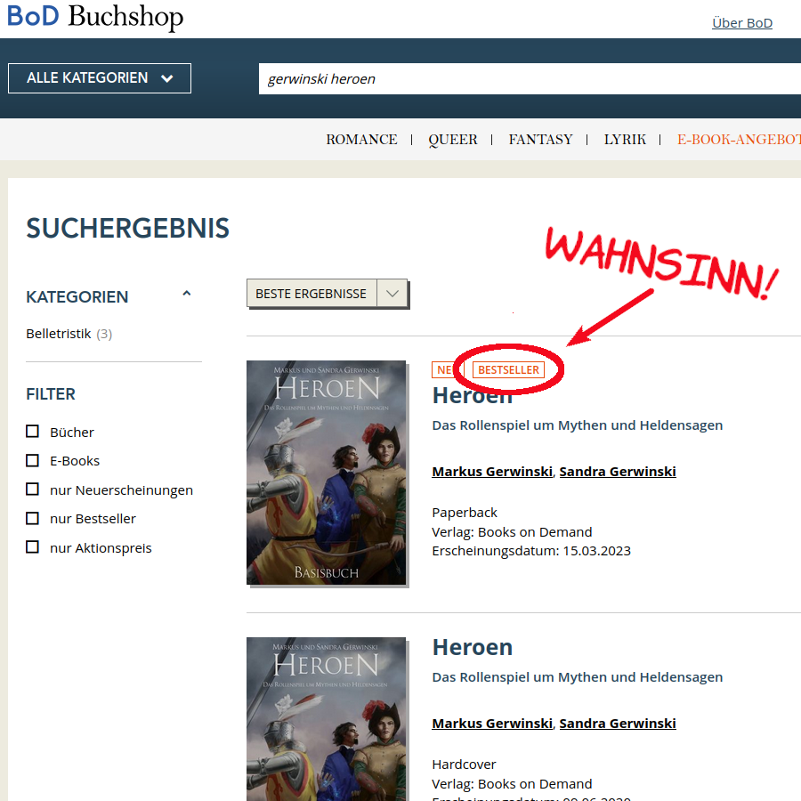 [Screenshot: HEROEN ist BESTSELLER!]